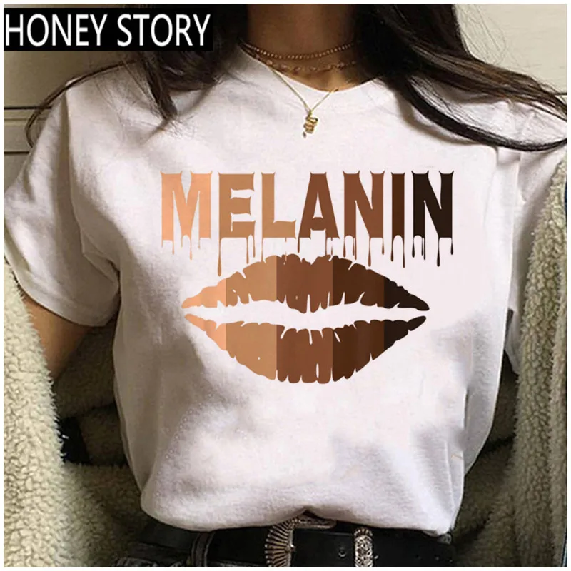 

Черная Женская футболка с принтом графических губ и меланина, топы в стиле Харадзюку, женские летние новые модные футболки с коротким рукав...