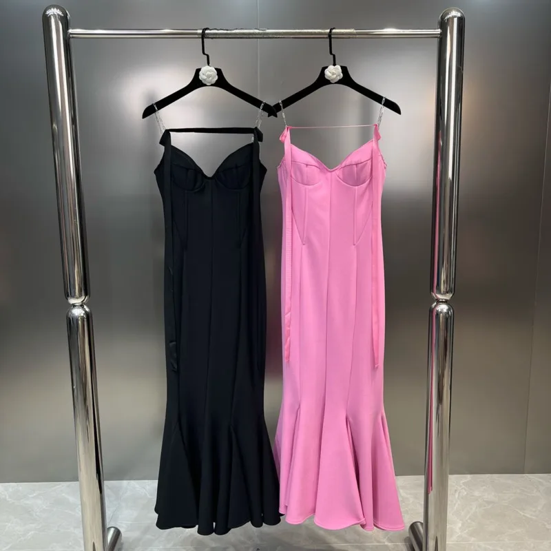 

PREPOMP 2023 Summer New Collection Sleeveless Metal Chain Shoulder Strap Padded Chest Backless Sexy Long Fishtail Dress GH770