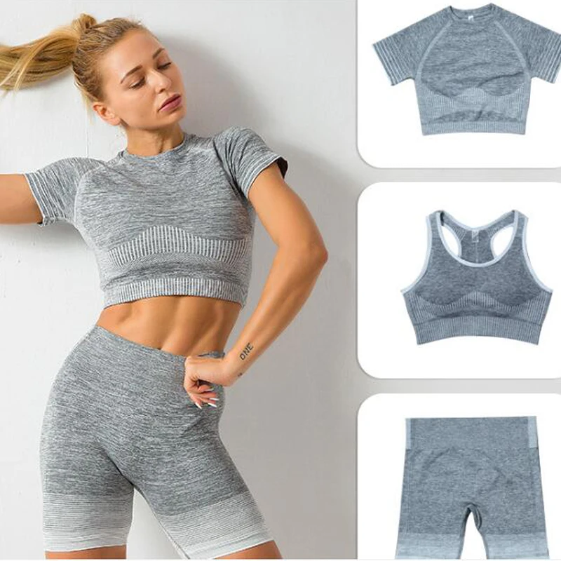 

3 Piece set Seamless gym set women Shorts High Waisted Sports yoga pants Short sleeve shirt yoga workout leggings gym wear women