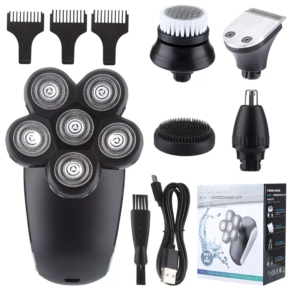

NEW IN 5 in1 Rotary Shaver for Men Beard Hair Trimmer Rechargeable LED IPX7 Waterproof Bald Head Shaving clipper Machine