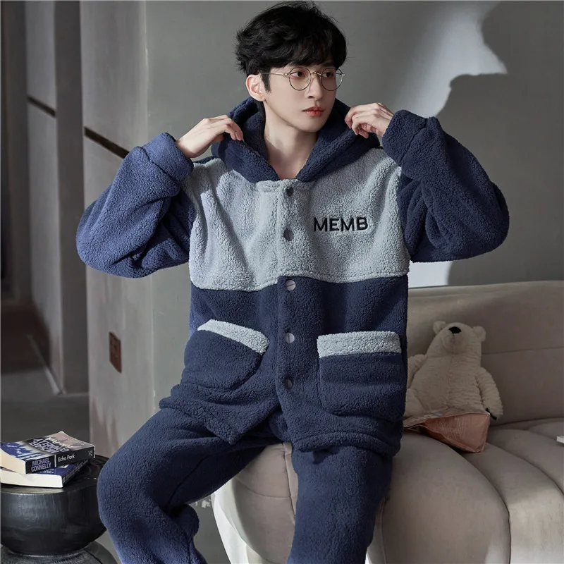 QUHENG Bust Warm Man Fleece Pajamas Winter Men Thick Hood Flannel Kigurumi Female Pajama Set Flannel Sleepwear Velvet Nightwear