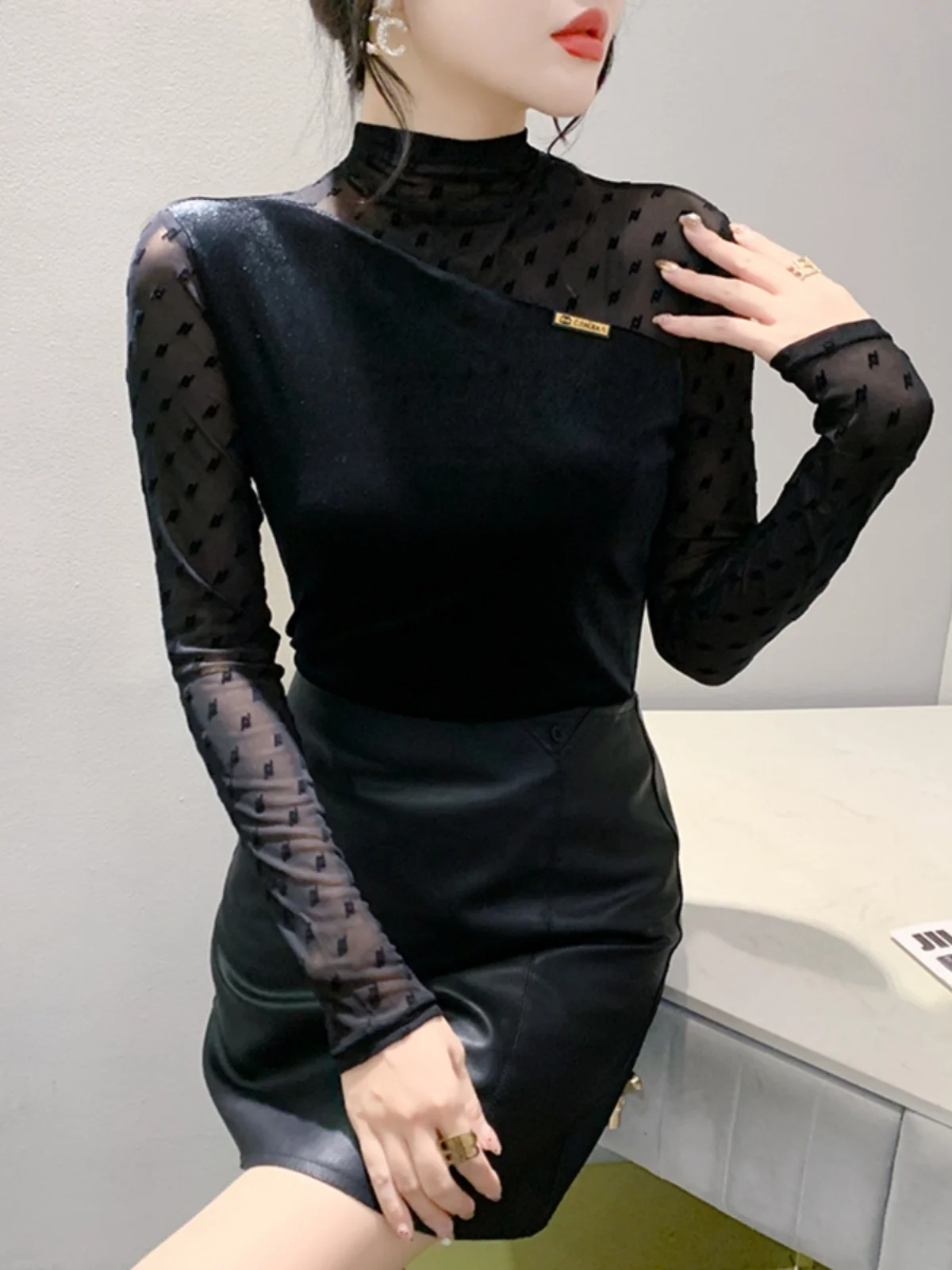 # 8992 Сетчатая велюровая футболка с длинным рукавом женская тонкая винтажная