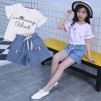 2022 kids girls clothes set summer short sleeve t shirt jeans shorts hot pants outfits baby clothing 3 12 years