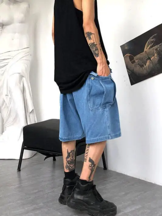 Tide Brand Hip-Hop Denim Shorts Men Summer Loose Straight Large Pocket Knee Length Jeans Men Casual Jeans