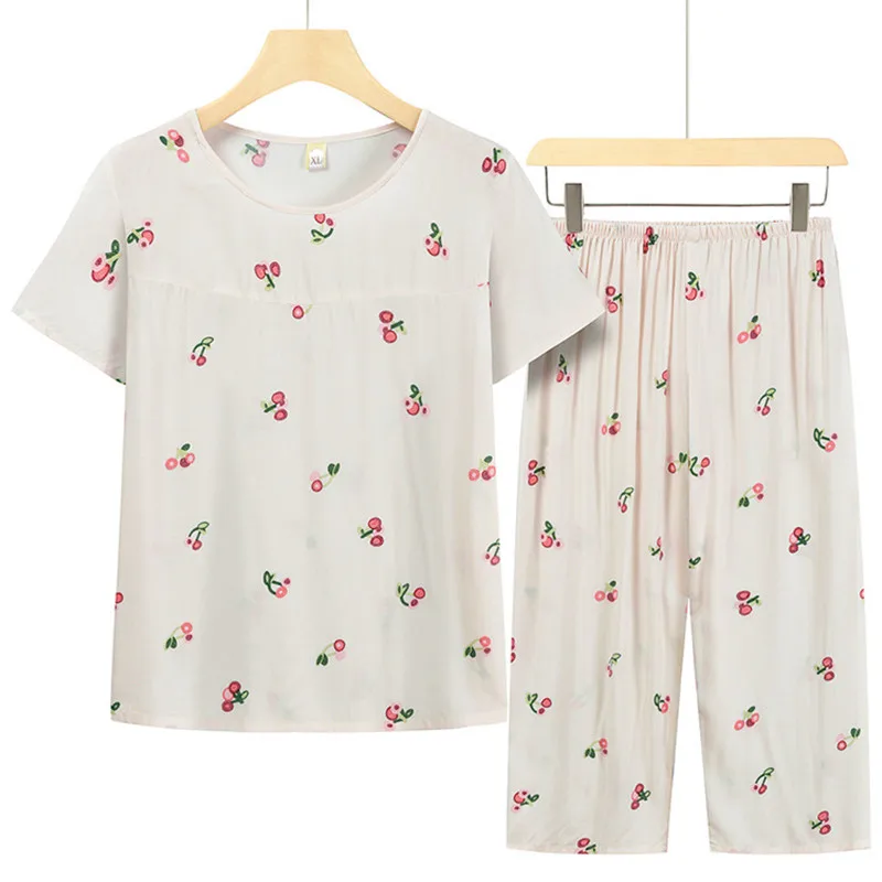 

XL-5XL New Cotton Pajamas Women Two-Piece Summer Short Sleeved Capris Set Middle Aged Mother's Plus Size Sleepwear Pijamas Suit