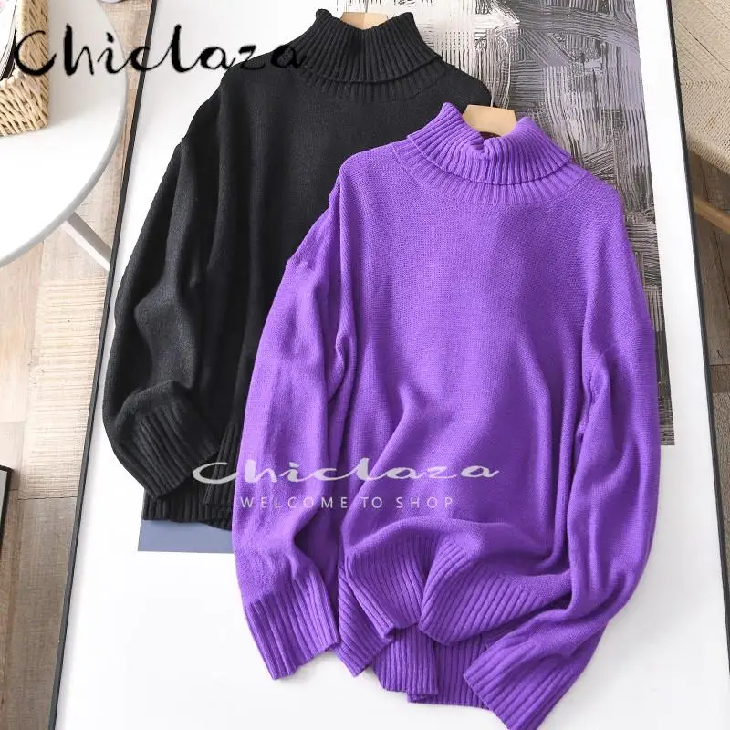 

CHICLAZA 2022 зимний женский модный фиолетовый черный водолазка Свободный вязаный свитер женские элегантные Теплые Топы пуловер