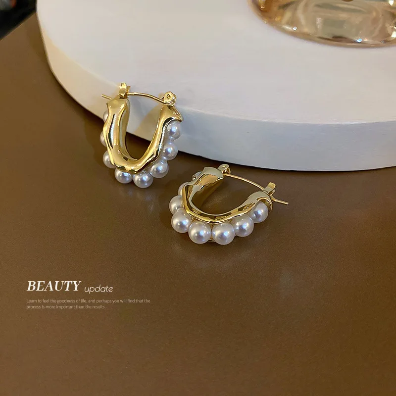 

Minar Temperament Simulated Pearl Earring for Women Femme Gold Color Alloy Hollow U Shaped Drop Earrings Wedding Bridal Jewelry