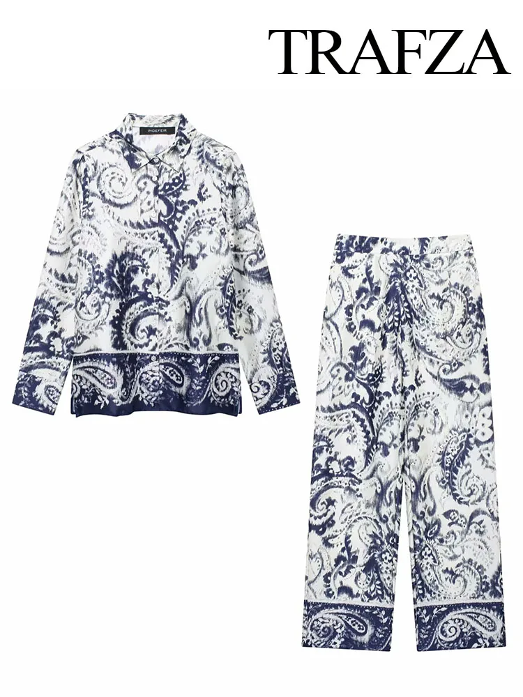 Женский костюм-двойка с принтом TRAFZA летняя рубашка отложным воротником и карманы