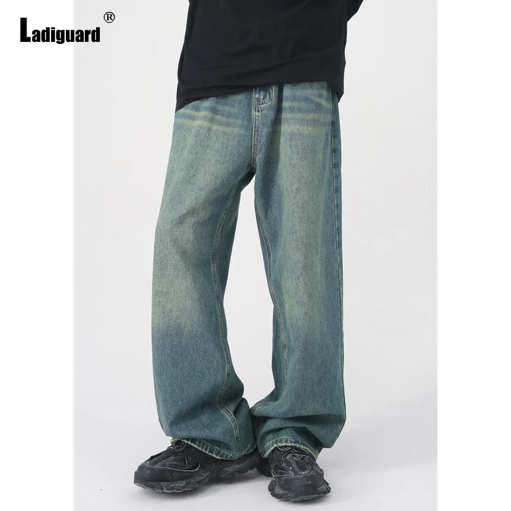 Ladiguard 2023 Kerean Fashion Hip Hop Jeans Loose Demin Pants Vintage Stand Pocket Trouser Mens Casual Straight Leg Jean Pants