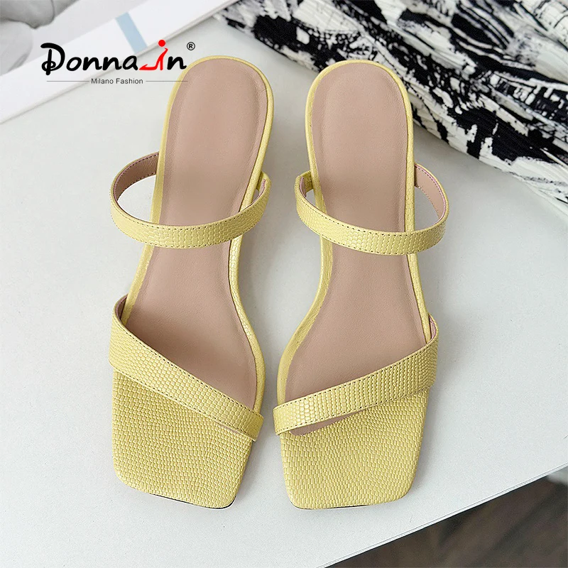 

Donna-in Women Summer Genuine Leather Slipper Mid Heel Strap Stable Heel Comfortable Fashion Ladies Mule Sandals Yellow