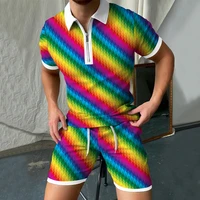 summer new mens color 3d printing polo shirt suit zipper lapel loose casual fashion t shirt shorts 2 piece set oversized
