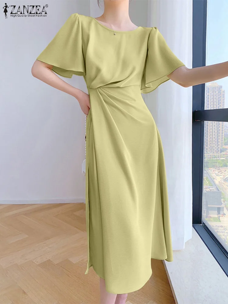 

ZANZEA Ruffles Sleeve Waisted Draped Dress Party Office Lady Women Summer Midi Dress Elegant Slit Hem Korean Fashion Vestidos