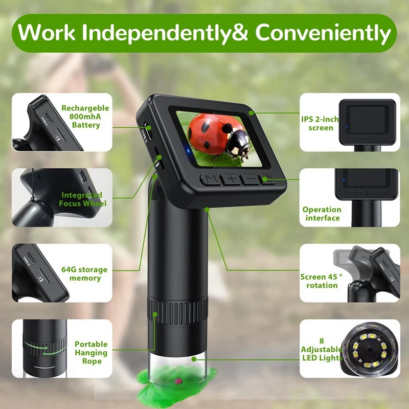 Микроскоп для детей с увеличением 50X-1000X IPS HD-экран фотографии 2-31 МП видео 1080P 2 часа