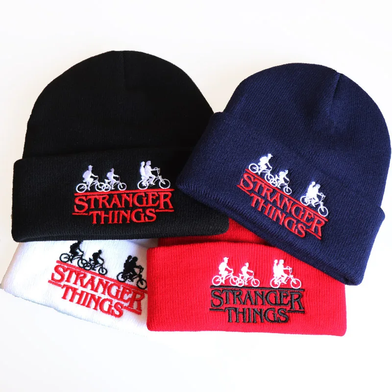 

Embroidery Stranger Things Winter Hat For Men Earflap Ride Bike Warm Skullies Beanie Hip Hop Women Knitted Ski Hat Male Cap