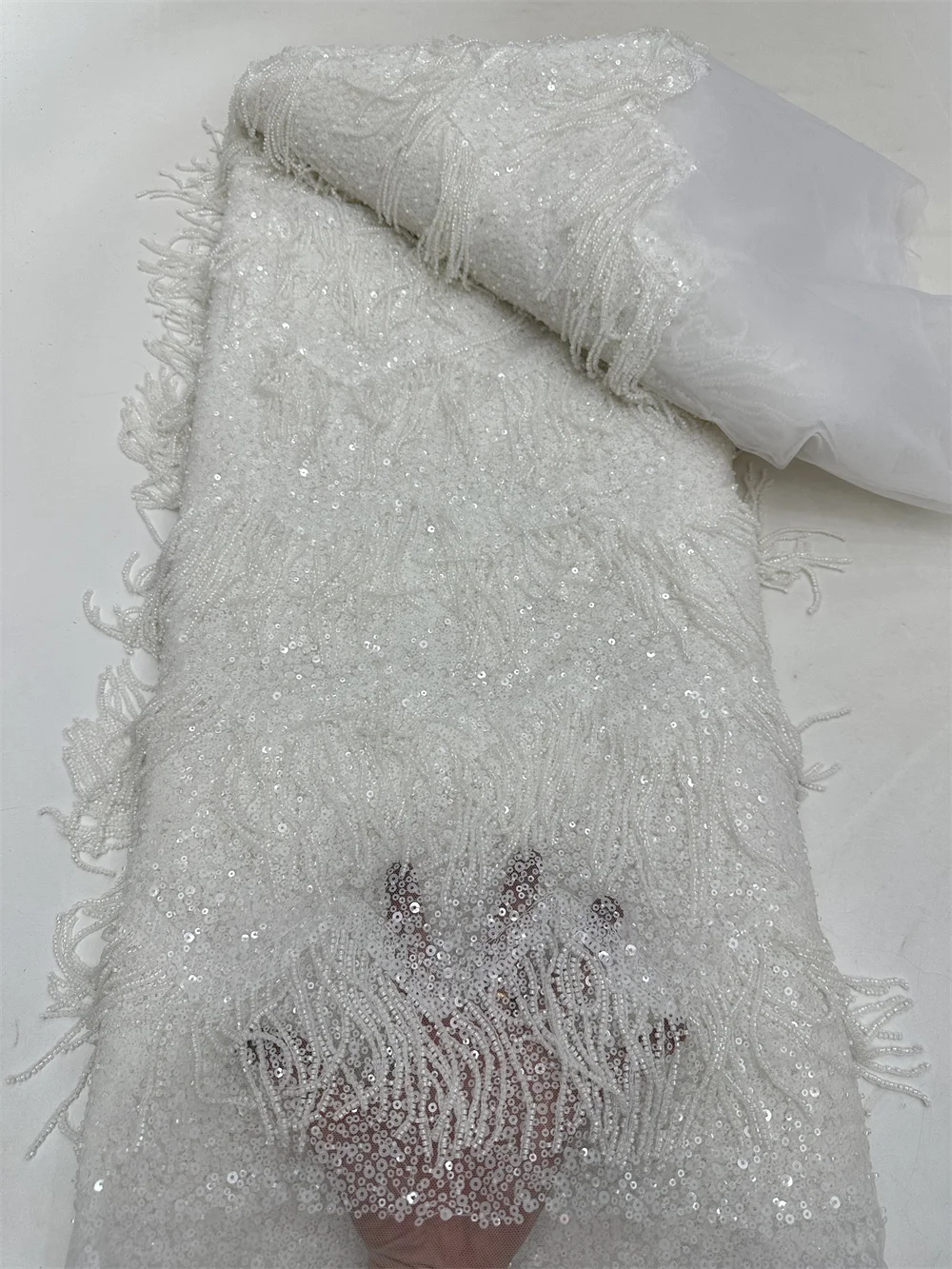Роскошная африканская тюль с кисточками и бисером кружевная ткань 2024 высокое