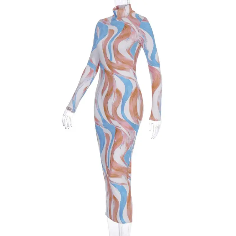 

2020 Spring Abstract Printed Sexy Bodycon Women Dress Long Sleeve Party Skinny Midi Pencil Dresses Slim Basic Wrap Dress P8DB