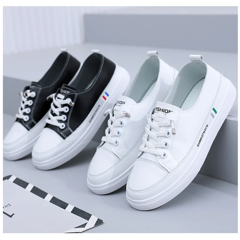 

Women's 2022 Casual Vulcanized Pure White Shoes Sneakers Woman Summer Autumn England Style Fashion Genuine Leather Cowhide