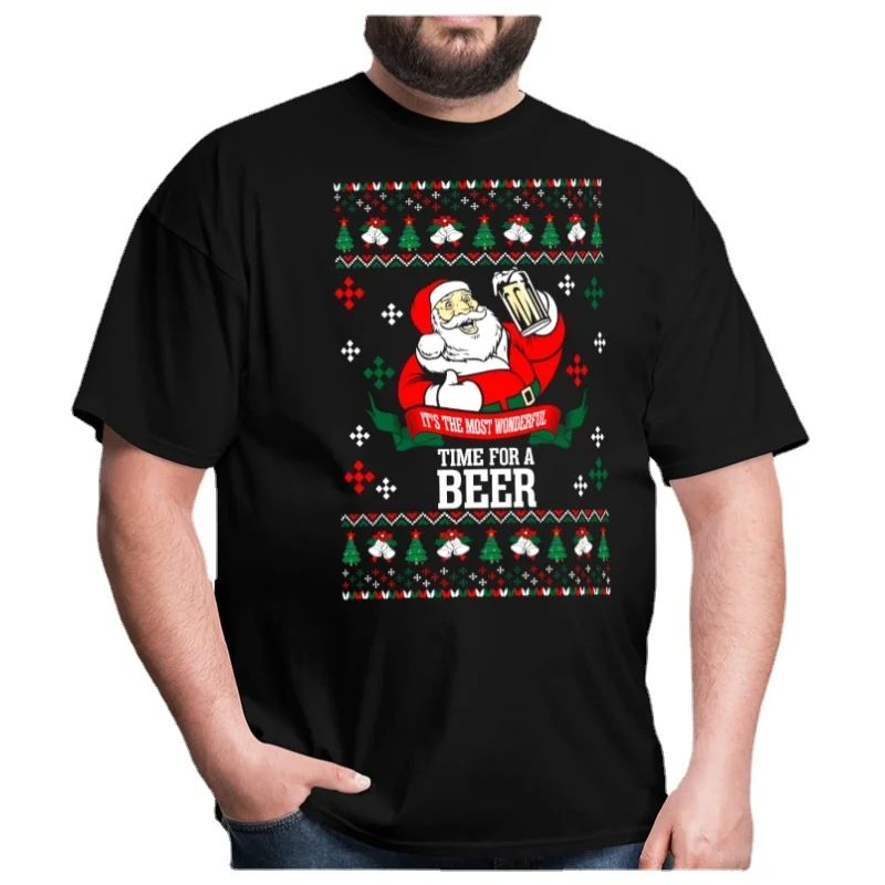 

Time for A Beer Ugly Christmas Sweater Santa Drinking Gift T-Shirt 100% Cotton O-Neck Summer Short Sleeve Casual Mens T-shirt