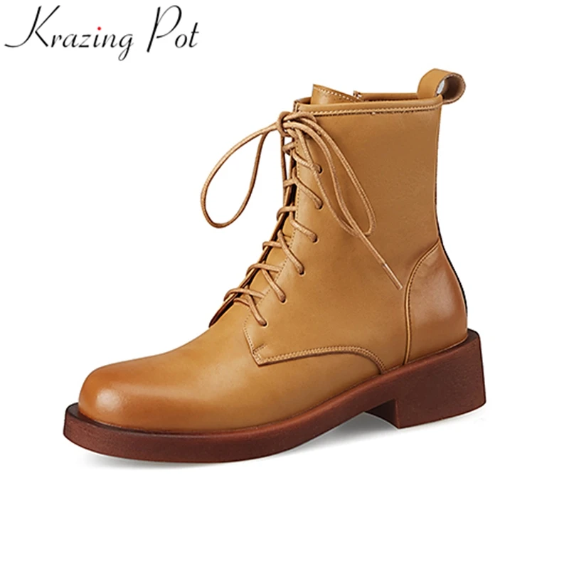 

Krazing Pot Fashion Cow Split Leather Med Heel Lace Up Western Chelsea Boots Round Toe Winter Shoes Retro Concise Ankle Boots