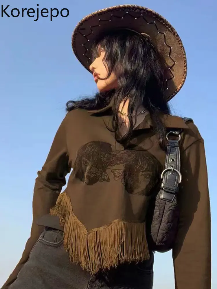 

Корейская американская ретро Топ с отворотом футболка с длинными рукавами 2022 весна осень женские свободные обтягивающие модные короткие т...