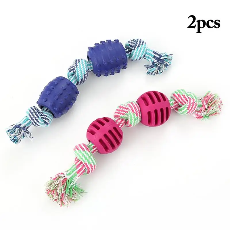 

2Pcs Cotton Dog Rope Toy Funny Tough Rubber Pet Ball Toy Puppy Teething Toys Plastic Bone Shape Rope Puppy Teath Cleaning Toy