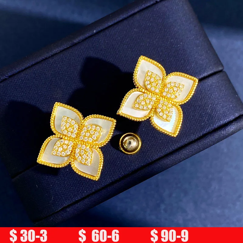 

2023 Lucky Clover For Women Ear Flowers Black Onyx Plated 18K Gold Diamond Four-Petal Flowers Peacock Green Earrings Wholesale