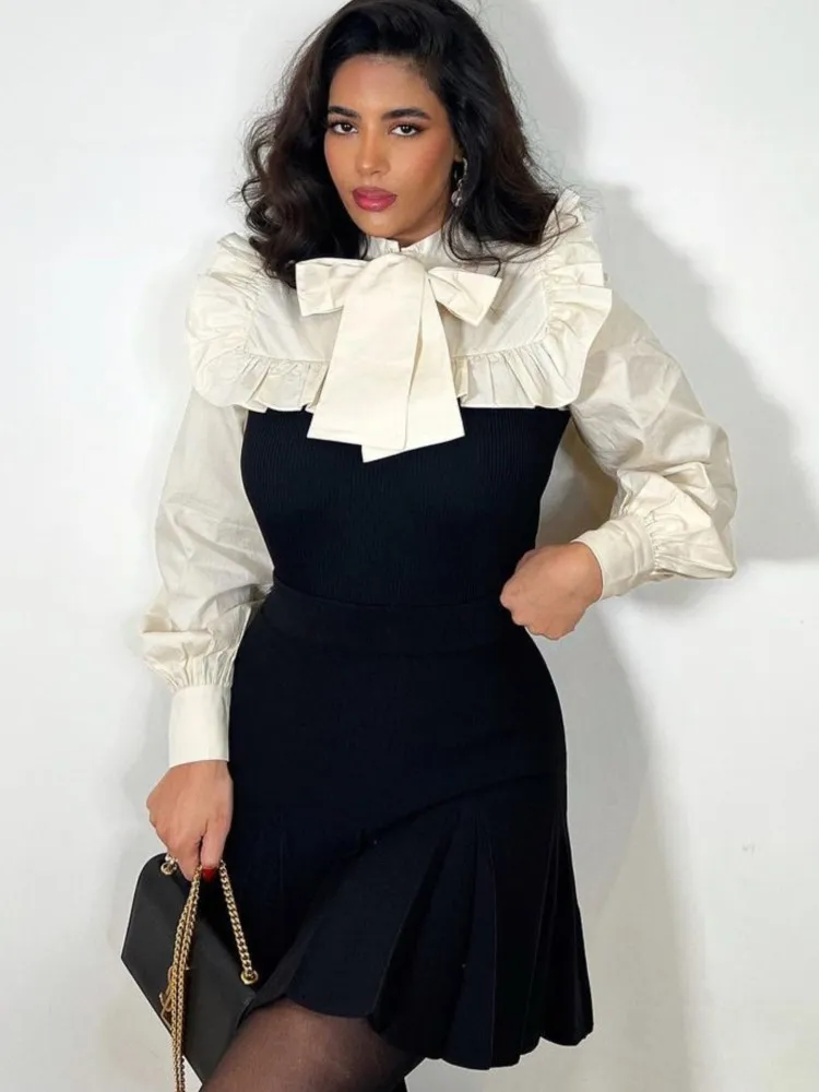 

Sweet Ruffles Collar Shirts For Women Lace Up Bow Long Lantern Sleeve Split Tops 2023 Spring Fashion Female Street Party Blouse