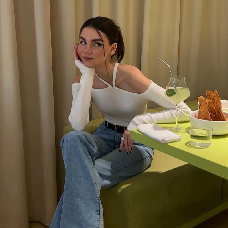 

women's clothing y2k clothes crop top korean fashion Off Shoulder long sleeve tees solid t-shirt vintage harajuku sexy white top