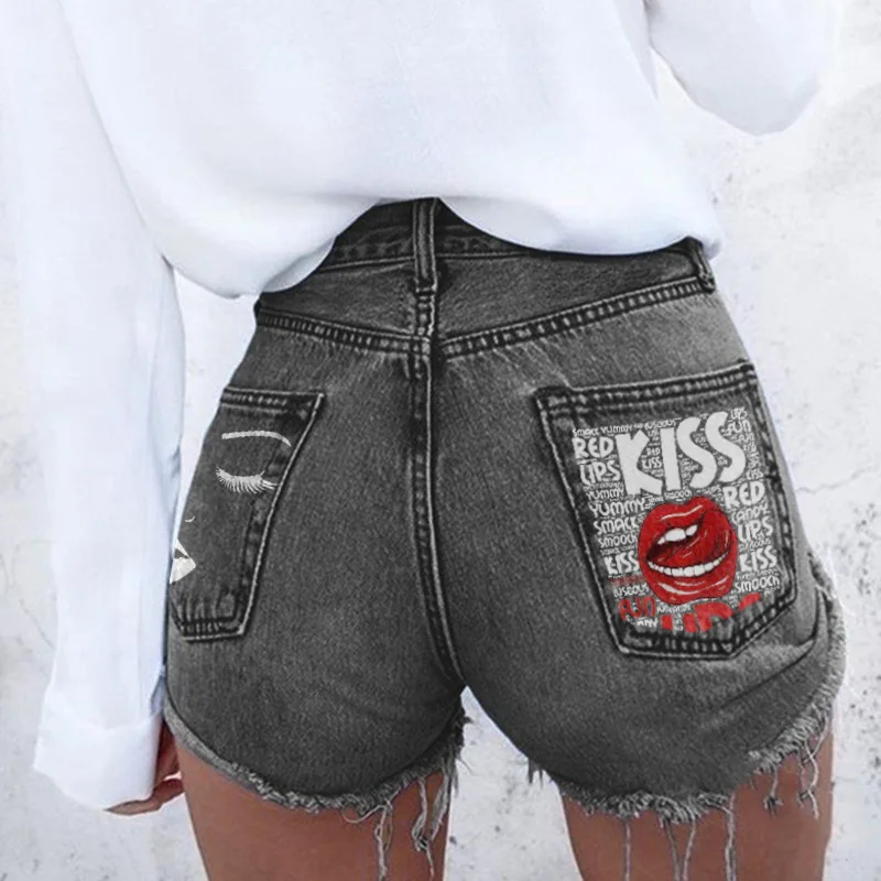 Women's 2023 Summer New Spicy Girls Street Fashion INS American KISS Letter Personalized Print Perforated Tassel Denim Shorts