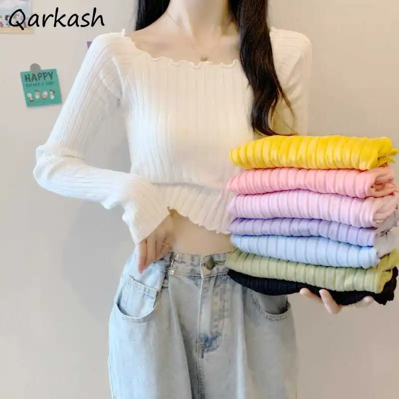 8 Colors Cropped Pullovers Women Pure Slim Females Temperament Ruched New Arrival Trendy Korean All-match Clothes Casual Mujer