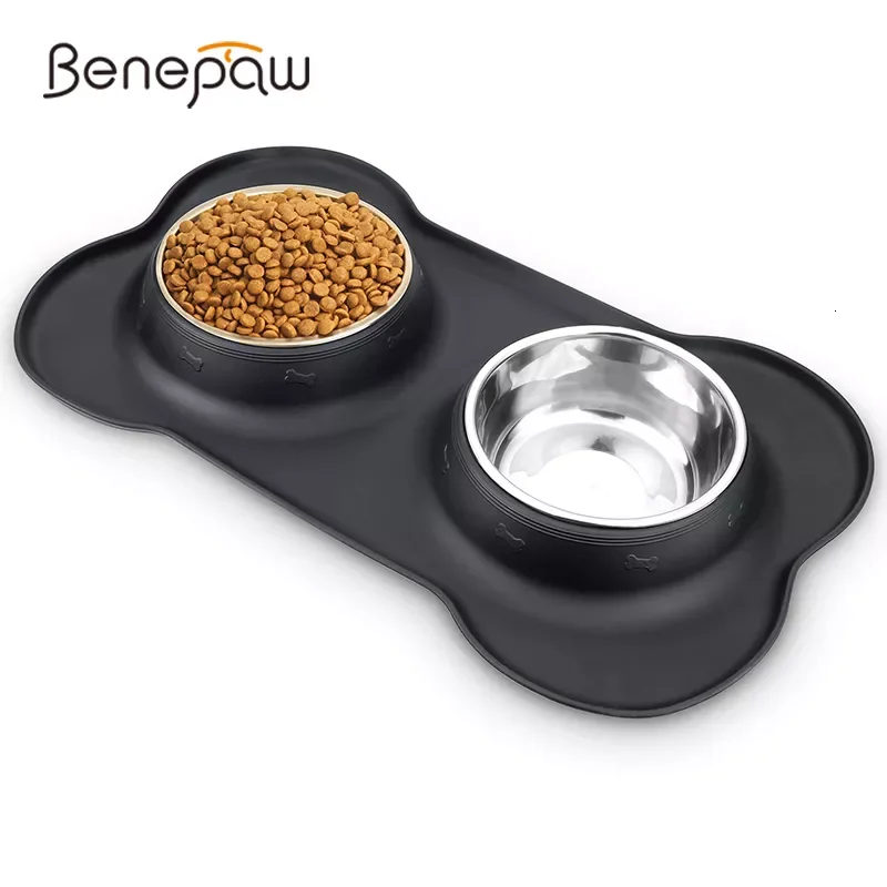 

Нескользящая двойная миска для собак Benepaw с силиконовым ковриком, прочная миска из нержавеющей стали для кормления домашних животных без пр...