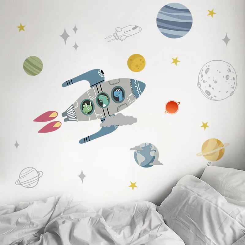 

Съемная Наклейка на стену с изображением мультяшного пространства ракеты детского сада детская комната Красивая самоклеящаяся бумага картина