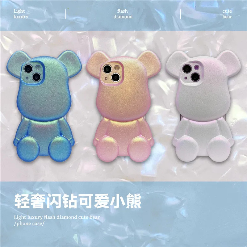 

3D Light Luxury Flash Pink Tide Bear Protective Case for IPhone11 12 13 Pro Max Mini X XR 7 8 Plus SE Cover Transparent IPhone