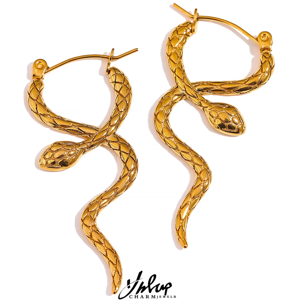 

Yhpup Stylish Unique Stainless Steel Snake Unusual Hoop Earrings Statement Pvd Gold Color Texture Waterproof Charm Jewelry Women