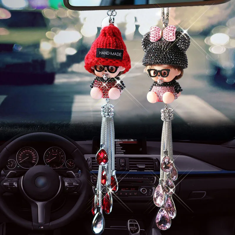 

Fashion Pendant Crystal Diamond Rearview Pendant Boutique Doll Car Interior Ornament Cute Plush Doll Car Ornament