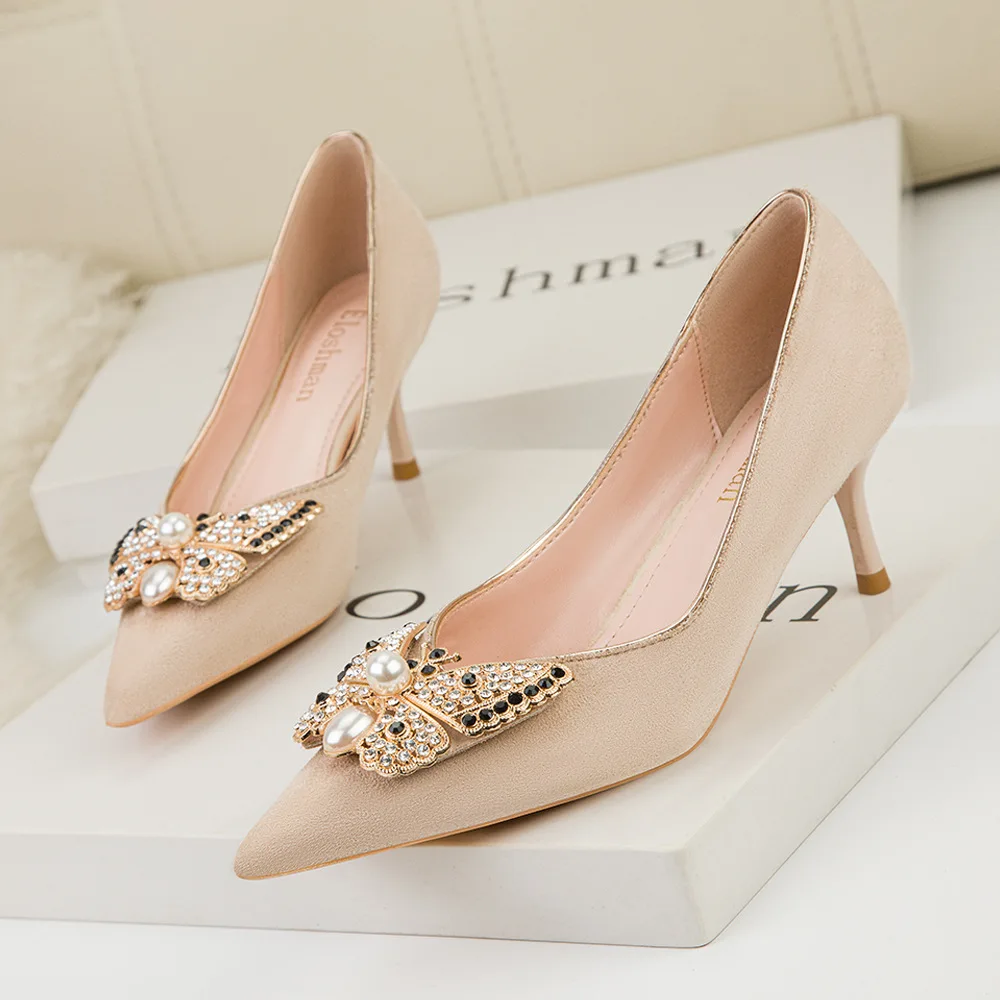

2022 New Spring Korean Style Fashion Sweet High Heel Shoes Women'sThin High Heels Pointed Rhinestone Bow Women's Single Shoes