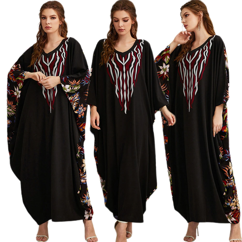 Мусульманская абайя, женское длинное платье с цветочным принтом, кафтан с рукавом летучая мышь, макси, женское этническое платье Среднего В...