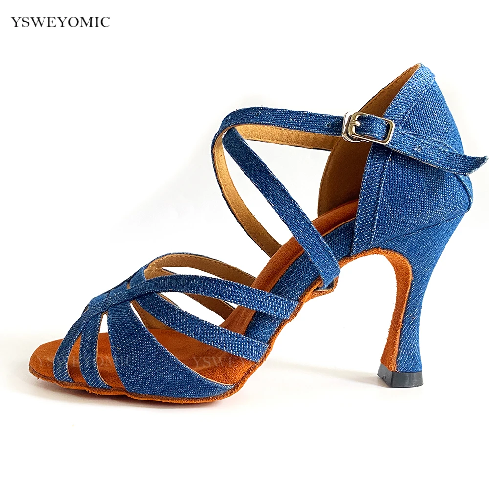 Indoor Dance Shoes Blue Denim High quality Made Thick Insole Comfortable Performance and Trainning Salsa Latin Dance Shoes  Girl