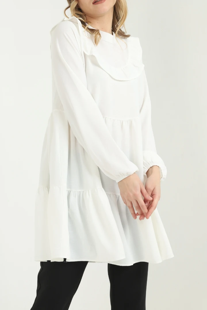 

White Colar Flounces Temporary Shed Tunic new season modern design long sleeve flywheel detail elegant women top clothing