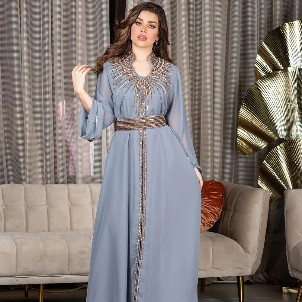Women Spring Summer Muslim Fashion Middle East Turkey Seasonal Tempest Evening Dress Hot Diamond Belted Chiffon Dress Ramadan