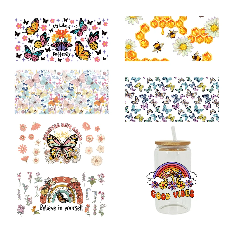 3D UV DTF переводит наклейки 16 унций, фотоальбом, пчела, бабочка, цветок, печатный для DIY стекла, керамики, металла, кожи и т. д. D1059