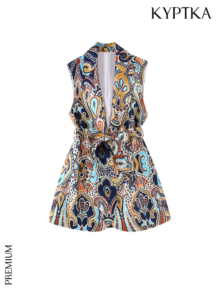 

KYPTKA Women Fashion With Belt Printed Waistcoat Vintage Sleeveless Front Hidden Snap Button Female Outerwear Chic Tops