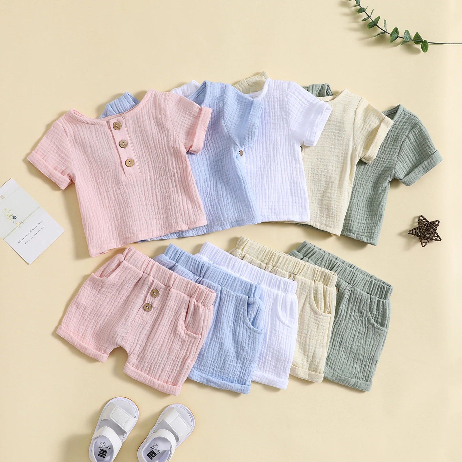 

2023-05-29 Lioraitiin 0-3Years Toddler Baby Boy Summer 2Pcs Clothing Short Sleeve Solid Crew Neck Top Shorts Casual Clothes