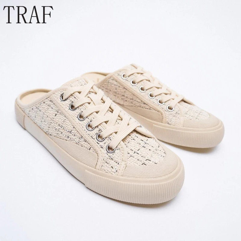 

Женские парусиновые туфли на плоской подошве, со шнуровкой и круглым носком