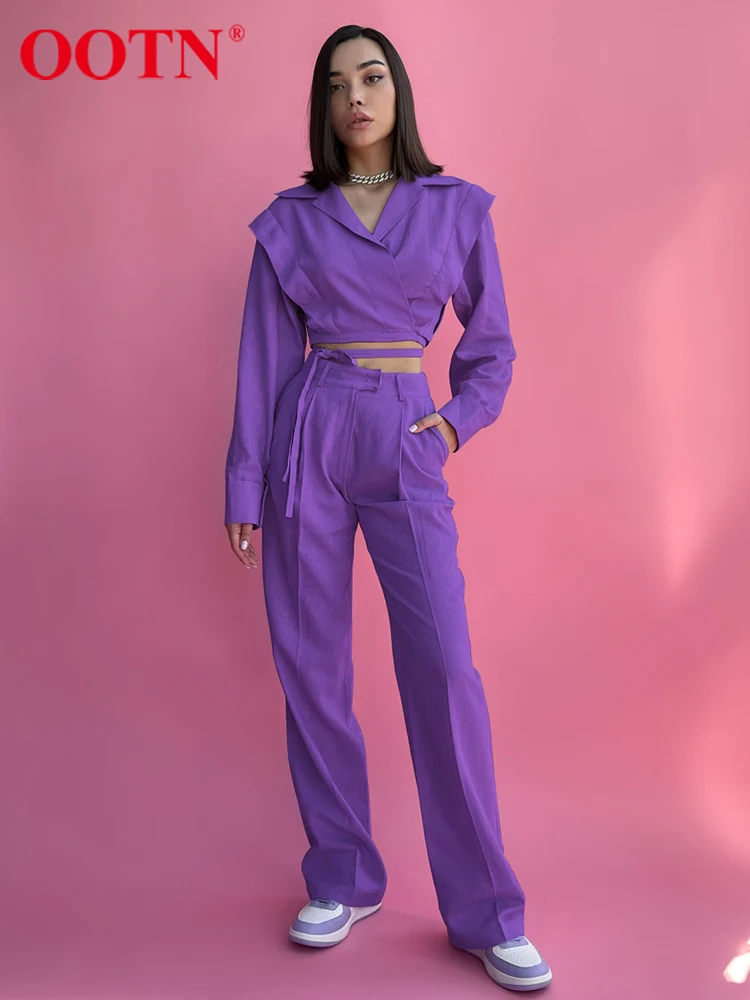 

OOTN Streetwear 2 Piece Purple Sets Notched Wrap Lace Up Shoulder Pads Shirt Fashion Women Outfit High Waist Straight Pant Suits