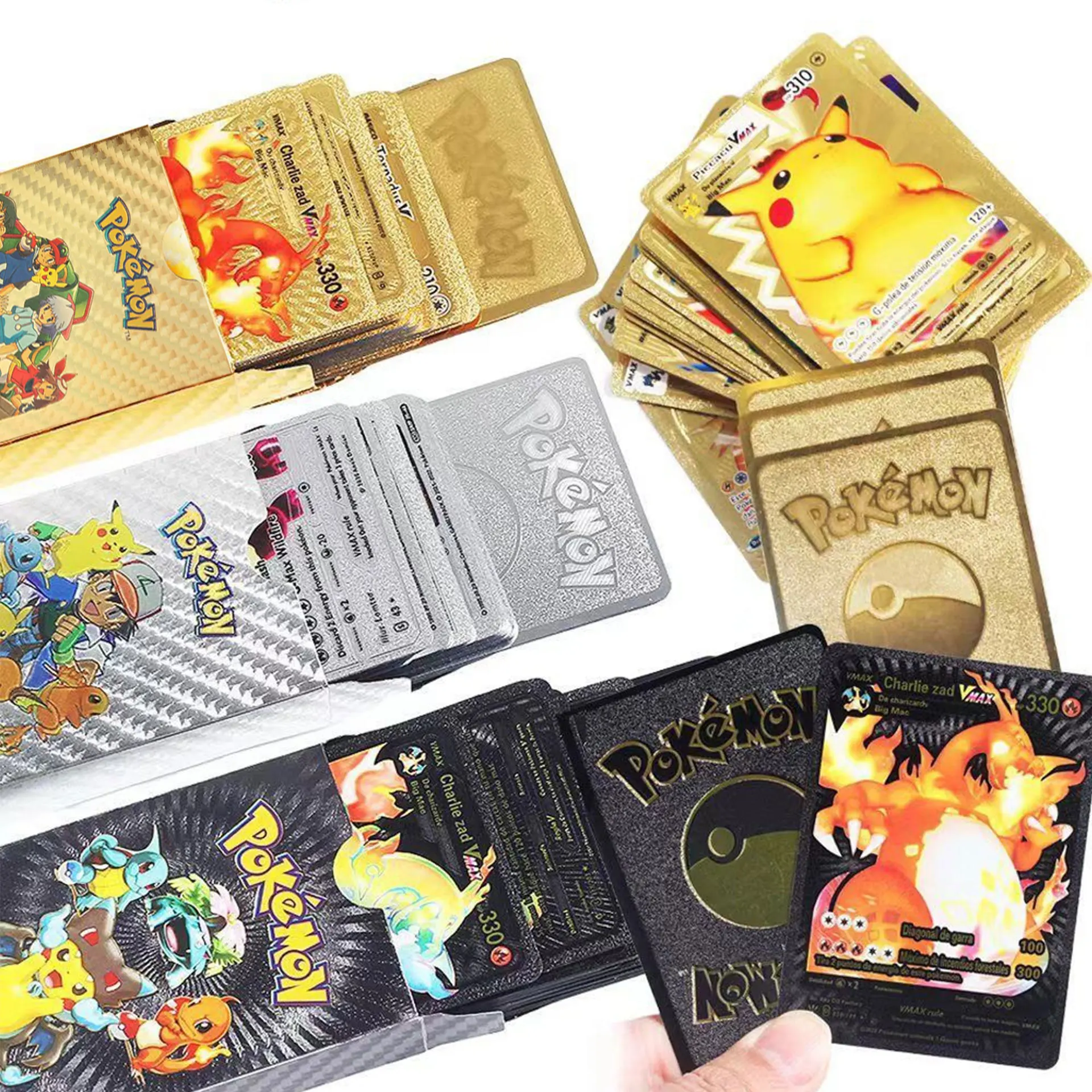 

Pokemon Metal Card Pack Vmax Case Mew GX Box Gold Silver Charizard Spanish Set Eevee Letter Black English Pikachu Paper V Mewtwo