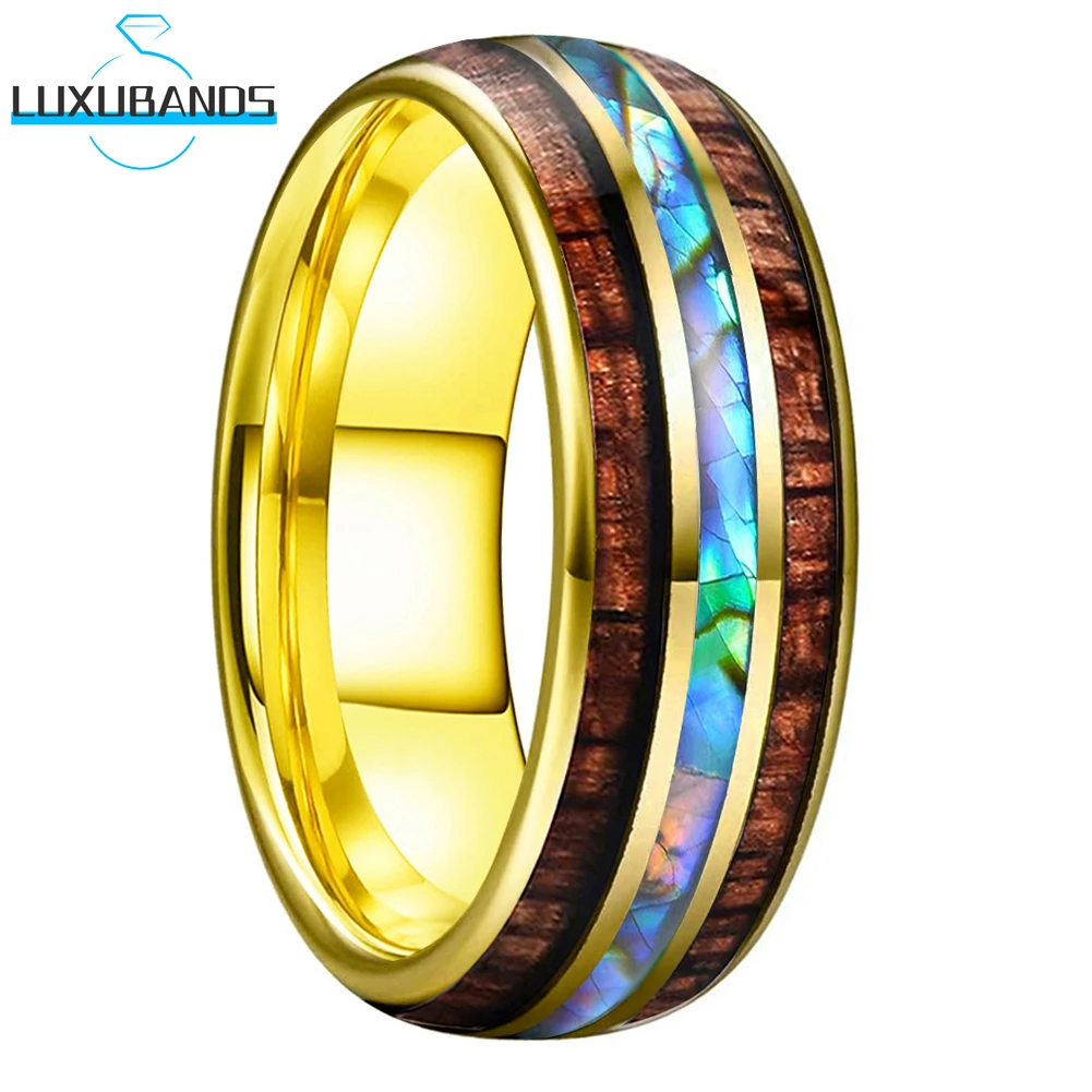 

8mm Womens Mens Tungsten Wedding Ring Abalone Shell Chip Koa Wood Inlay Grooved Engagement Bands Polished Finish Comfort Fit