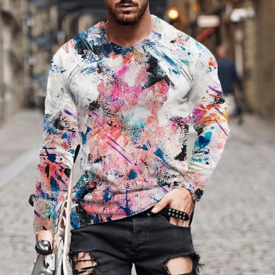 

3D Printing Watercolor Ink Splash Ink Printing Men's Long-sleeved Round Neck T-shirt