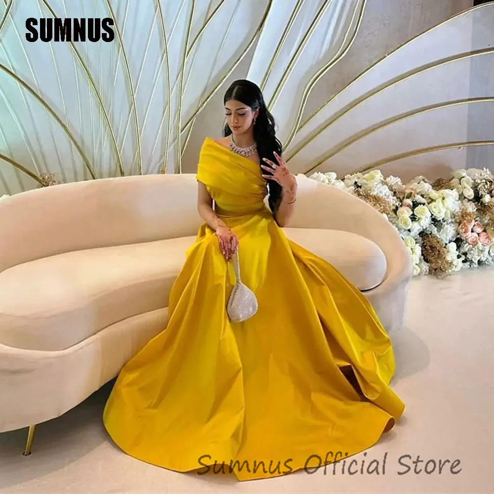 

SUMNUS Vintage One Shoulder Saudi Arabic Evening Dresses Yellow Satin Long A Line Dubai Formal Gowns Custom Elegant Event Dress