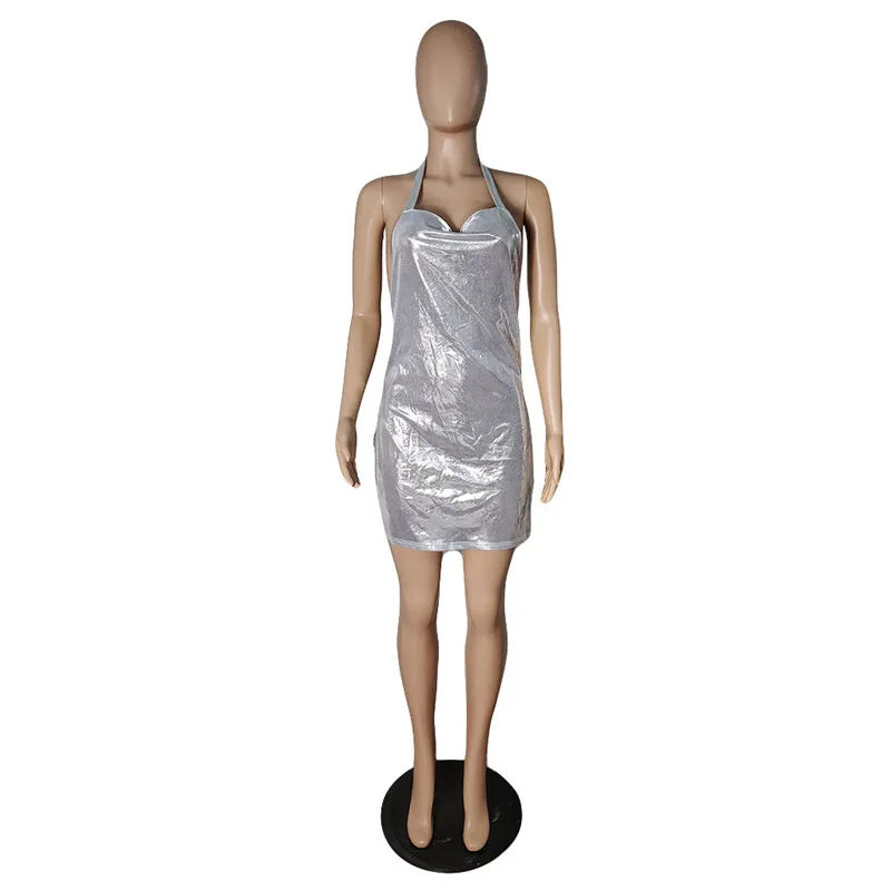 KEXU Shiny Gilding Women Sexy Dress Halter Backless High Split Mini Night Club Party Vestidos Valentine's Day Gifts | Женская одежда